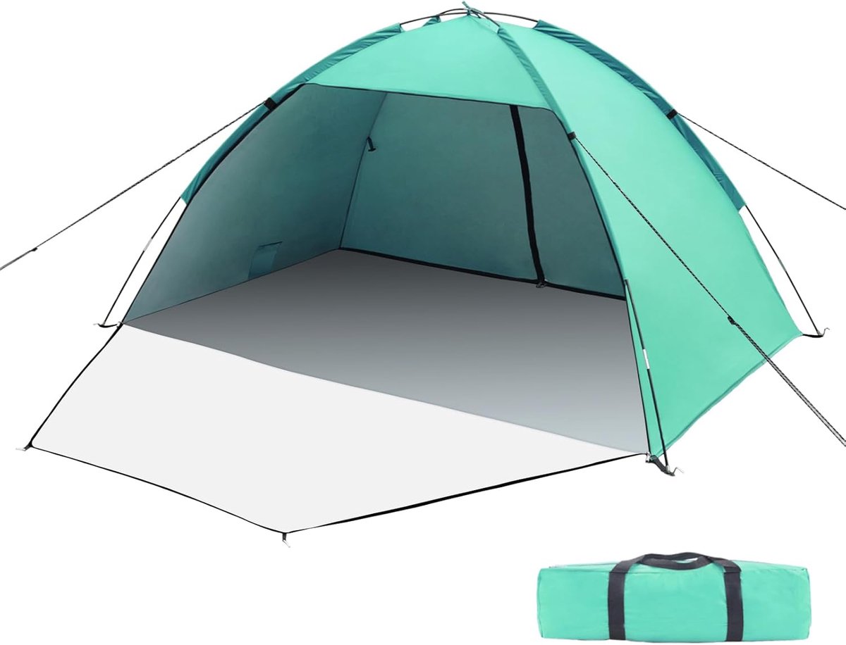 UV-bescherming 50+ familietent XXL voor en achterdeur met ritssluiting inkijkbescherming ventilatie windscherm zonwering strandtent kleine verpakkingsmaat voor strand tuin.