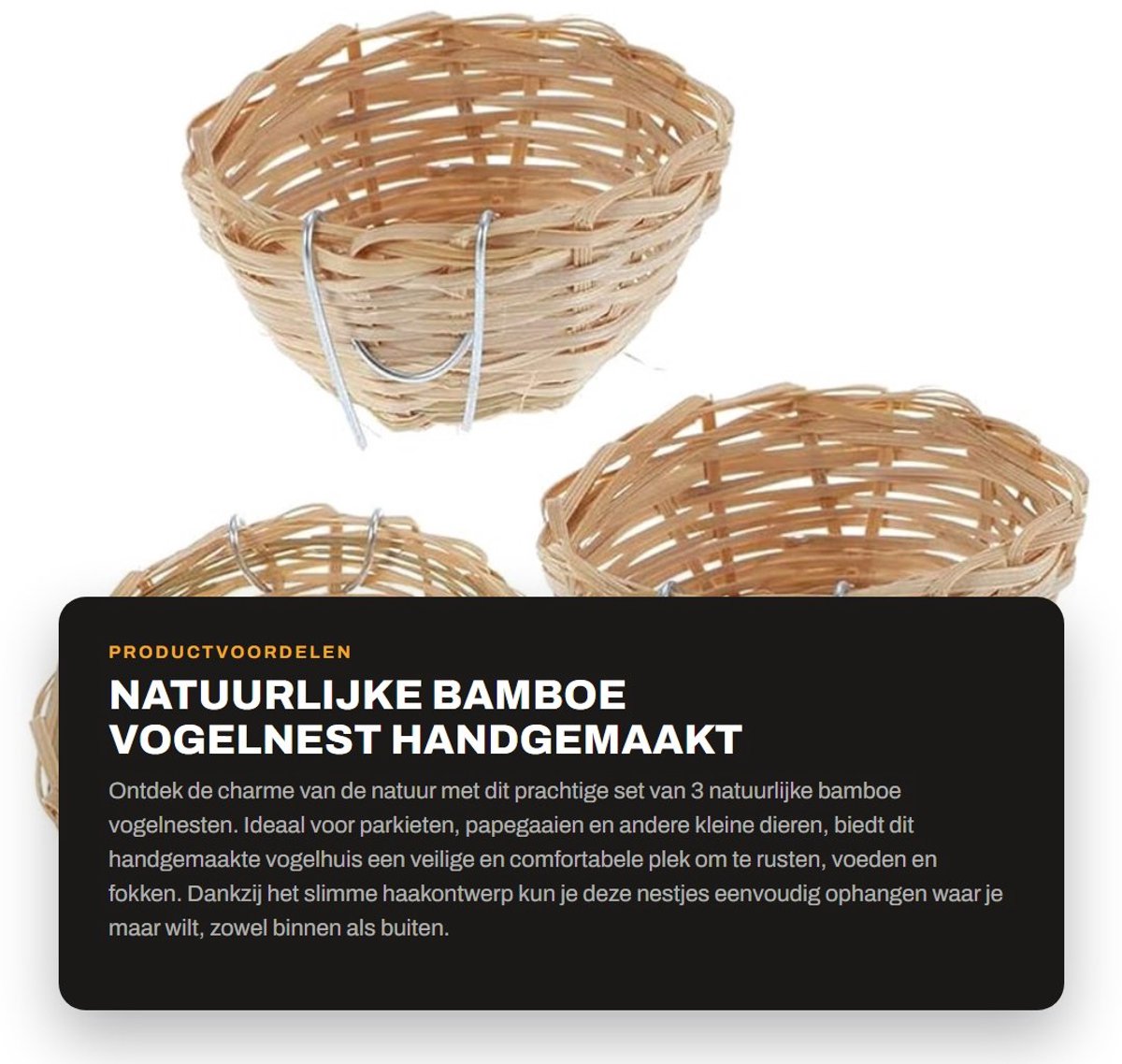 Dailygoods- Vogelnest Handgemaakt - 3 Stuks - Natuurlijk Bamboe - Vogelhuis met Haak - Voor Parkieten/Papagaaien - Duurzaam en Comfortabel - Vogelhuisje