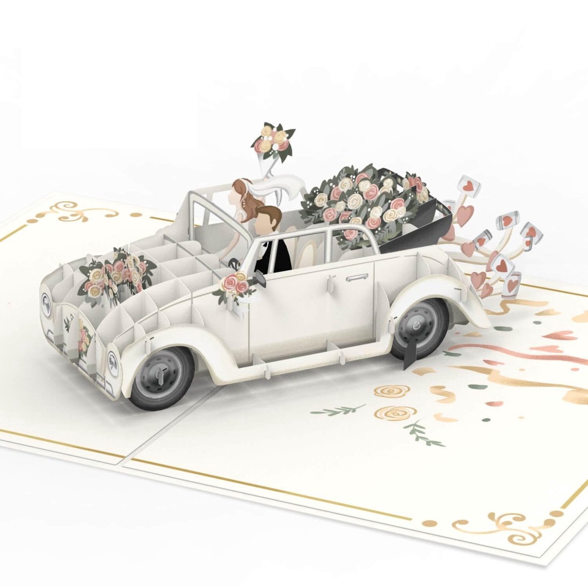 Dailygoods- Bruiloftskaart 3D - Pop-upkaart met auto "just married" - Felicitatiekaart voor huwelijk - Geschikt voor geldgeschenk - Nobele kaart - Uniek ontwerp - Wenskaart