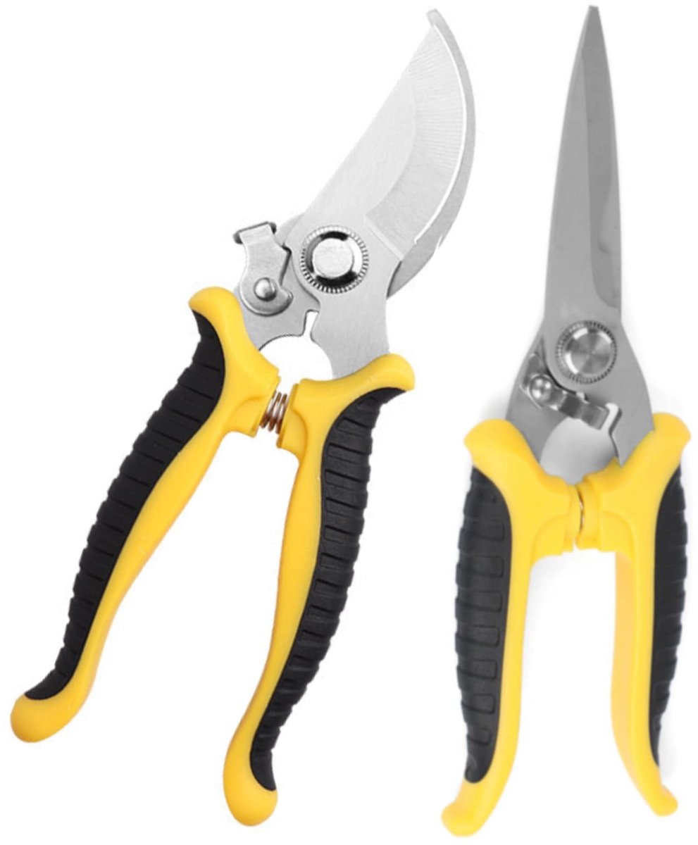 Dailygoods- Snoeischaar Set van 2 - Roestvrij Staal - Antislip Handgrepen - Gebogen/Rechthoekige Messen - Ergonomisch Ontwerp - Lichtgewicht 128g/134g - Tuinschaar