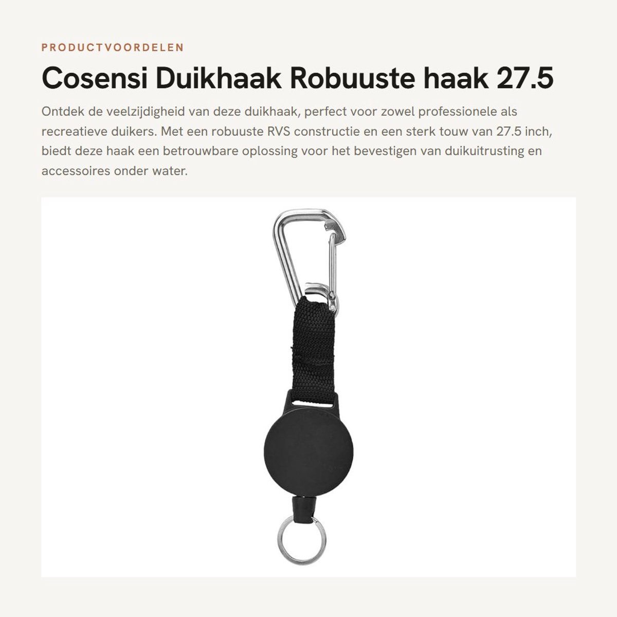 Dailygoods- Duikhaak met Roestvrij Stalen Clip - 27.5" Touw - Schokbestendig - Lichtgewicht - Multifunctioneel - Eenvoudig te Bevestigen - Duikclip