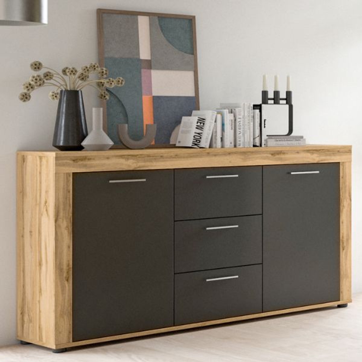 Dressoir Jam - 125x35x80cm - 2 Deuren & 3 Lades - Wotan Eik/antraciet