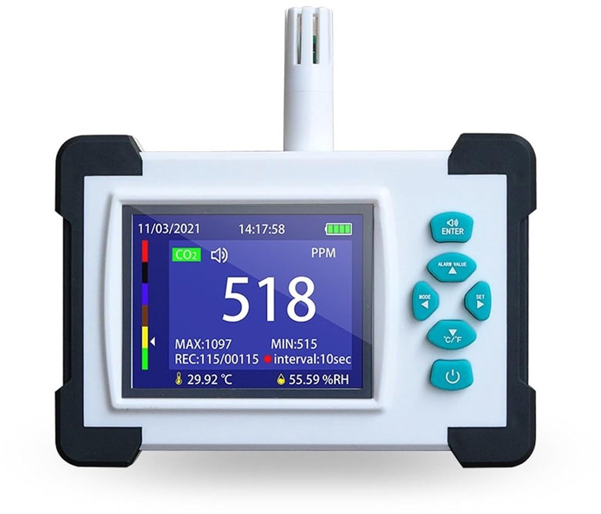 Luchtkwaliteit Monitor - CO2 Meter - Binnenklimaat Meten - NDIR Sensor - 20000 Data Punten - Zwart