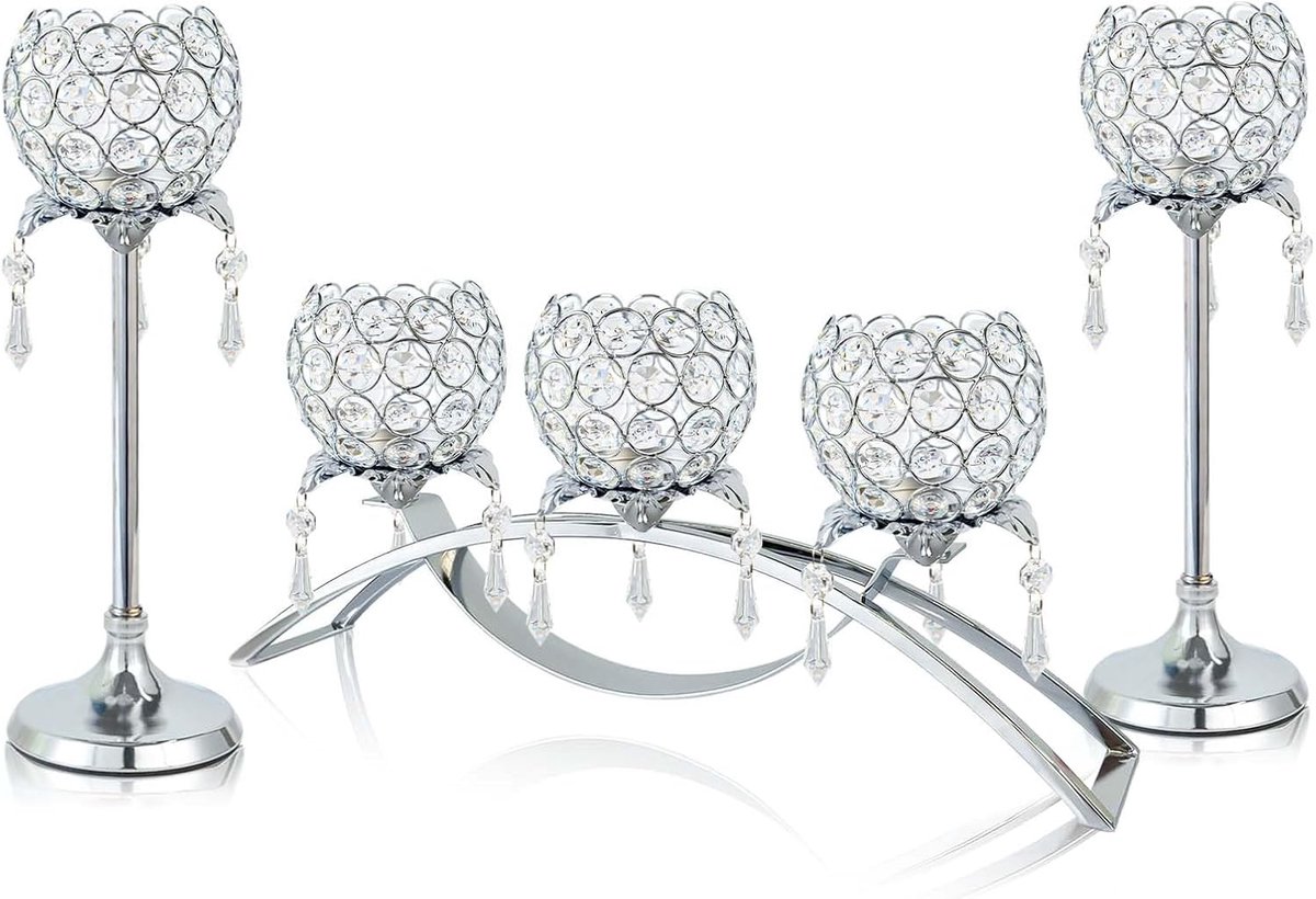 Theelichtkandelaars Set - Bloemvorm Kandelaars - Tafeldecoratie - Kristallen Hangers - Set van 3 - Zilver