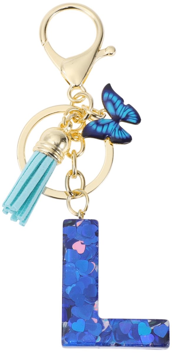 Dailygoods- Sleutelhanger met Vlinderletters - Sleutelhanger voor Meisjes - Sleutelhanger met Kwastje - Sleutelhanger van Hars - 9,3 cm Lang - Duurzaam en Robuust - Sleutelaccessoire