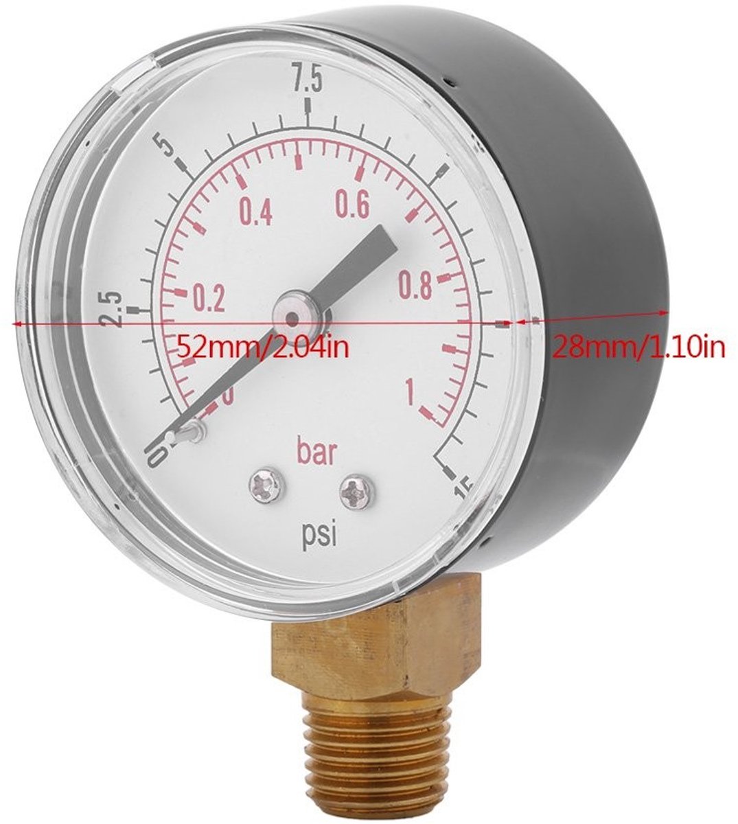 Dailygoods- Manometer 0-15psi/0-1bar - Mini Drukmeter - Dubbele Manometer - Geschikt voor Lucht/Water/Olie - 1/4" BSPT Aansluiting - Compact en Lichtgewicht