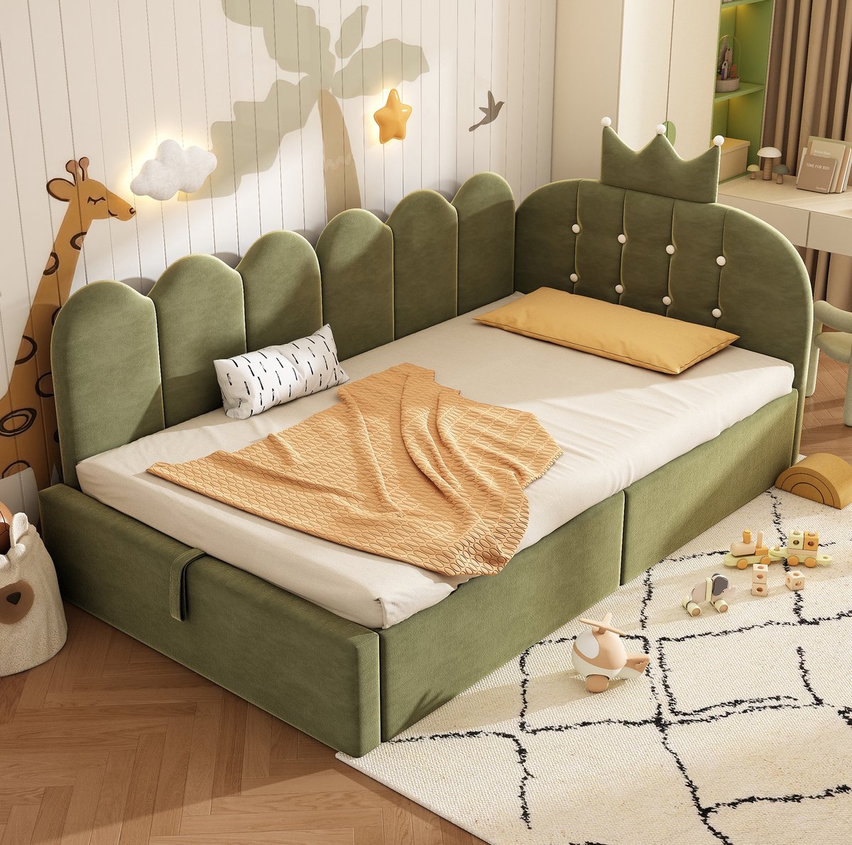 MEUNIQ bedbank 90x200 cm met hydraulische opbergruimte, lattenbodem en kroonvormig hoofdbord, L-vormig dagbed voor slaapkamer of logeerkamer, groen