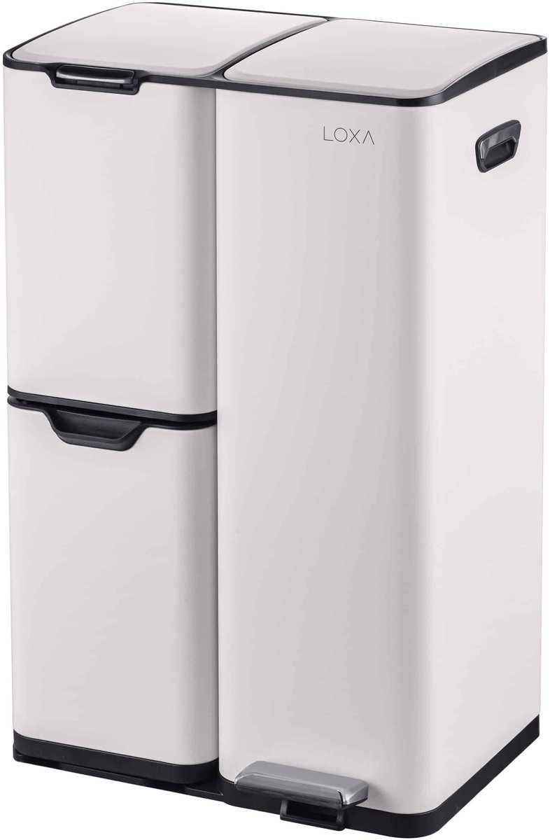 LoXa – Prullenbak Cairo 60L – 3 Compartimenten – Pedaalbediening – Soft-Close – Vingerafdrukvrij – Crème – Met Handgrepen – Hygiënisch – Duurzaam
