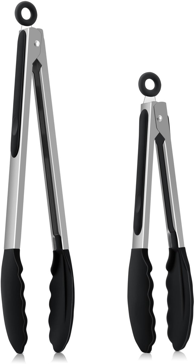 Dailygoods - Homikit Keukentang, roestvrij stalen kooktang, grilltang, set van 2 met hittebestendige siliconen handgreep, zwart anti-aanbakpunt, 30,3 cm en 23,7 cm vleestang met vergrendeling voor koken grillen