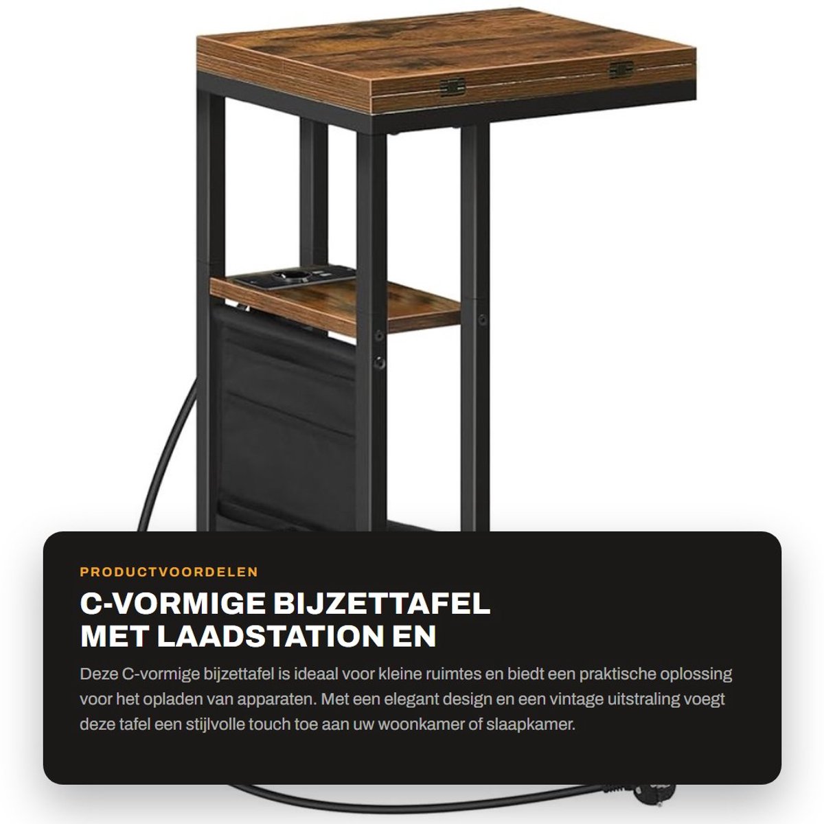Dailygoods - C-vormige Bijzettafel met Laadstation en Opbergtas