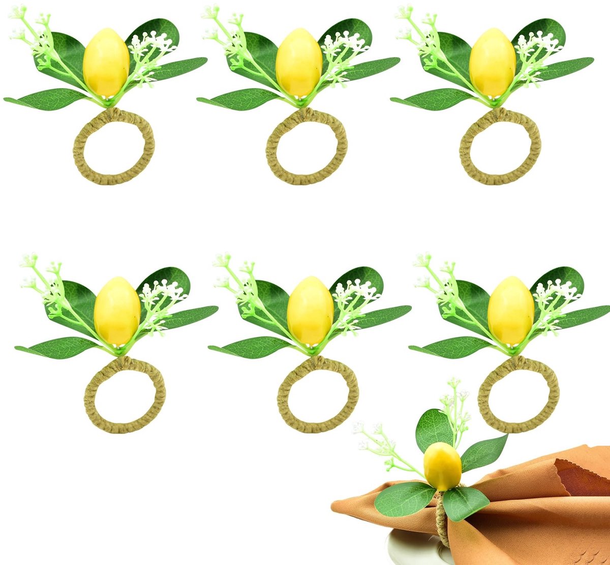 Dailygoods- Servetringen 6 stuks - Citroenbladeren - Kunstbloemen - Boho-stijl - Tafeldecoratie - Bruiloften/Feest