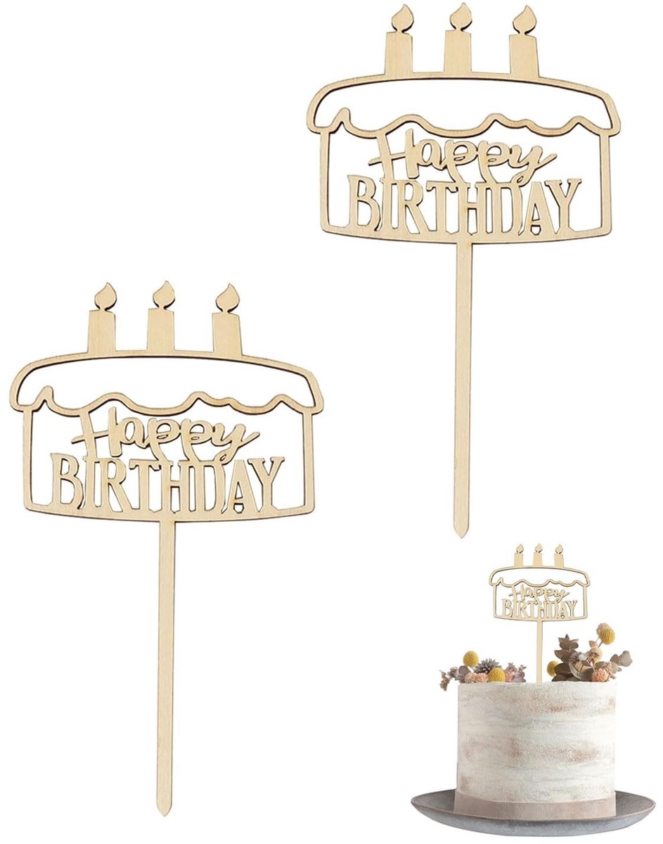 Dailygoods - 2 Stuks Houten Taartdecoratie - Happy Birthday Taarttopper
