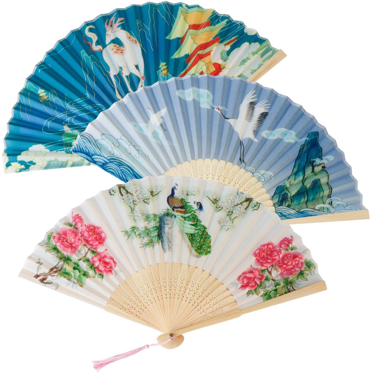 Dailygoods - FRUHLING Handwaaiers, handwaaiers, handwaaier, met kwastjes, bamboe, stof, vouwwaaiers, voor woondecoratie, feest, bruiloft, dansen, 3 stuks