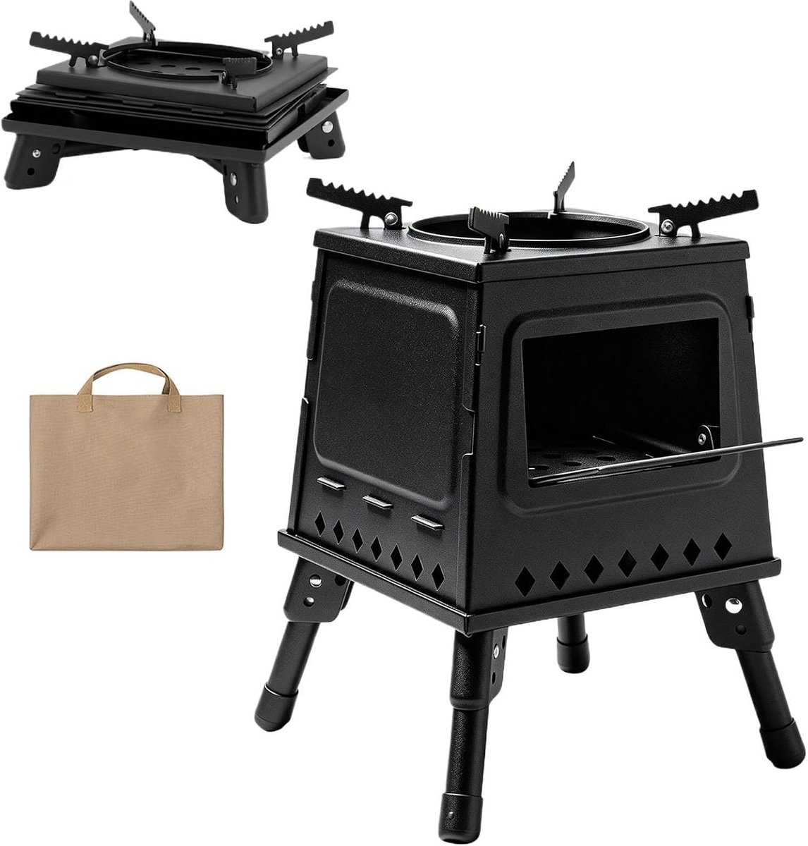 Houtgestookte Branders - Draagbare Kachel - Buiten Koken - Geoptimaliseerd Verbrandingssysteem - 25x25x35.5 cm - Zwart