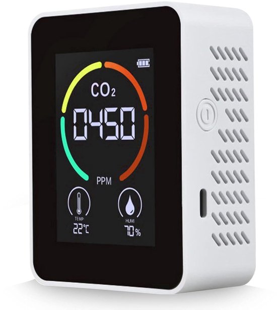 Thermometer – Hygrometer – Digitale CO2 Meter – Luchtkwaliteit Meter met Temperatuur en Vochtigheid Sensor – Real-time Binnenshuis Lucht Monitoring voor Kantoor en Huis – 1200mAh Battery & USB-Oplaadbaar – Wit