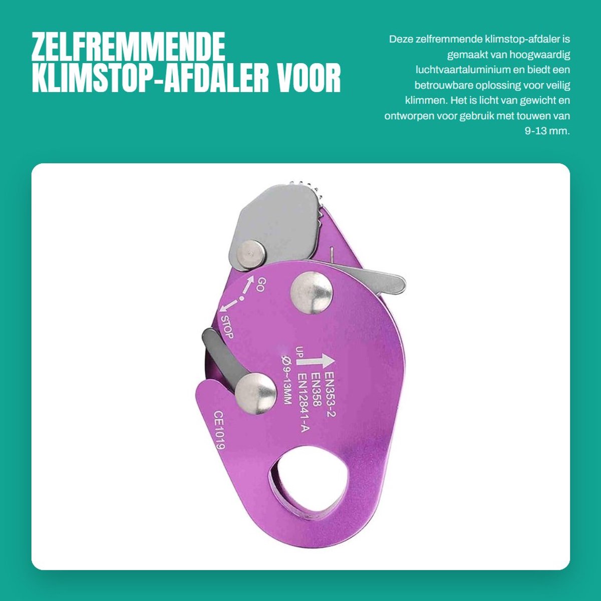 Dailygoods- Aflopend Apparaat - Zelfremmende Stop-afdaler - Touwklemgrijper - Reddings-/Rappelring - 7075 Luchtvaartaluminium - Geschikt voor 9-13 mm Touw - Touwgrijper