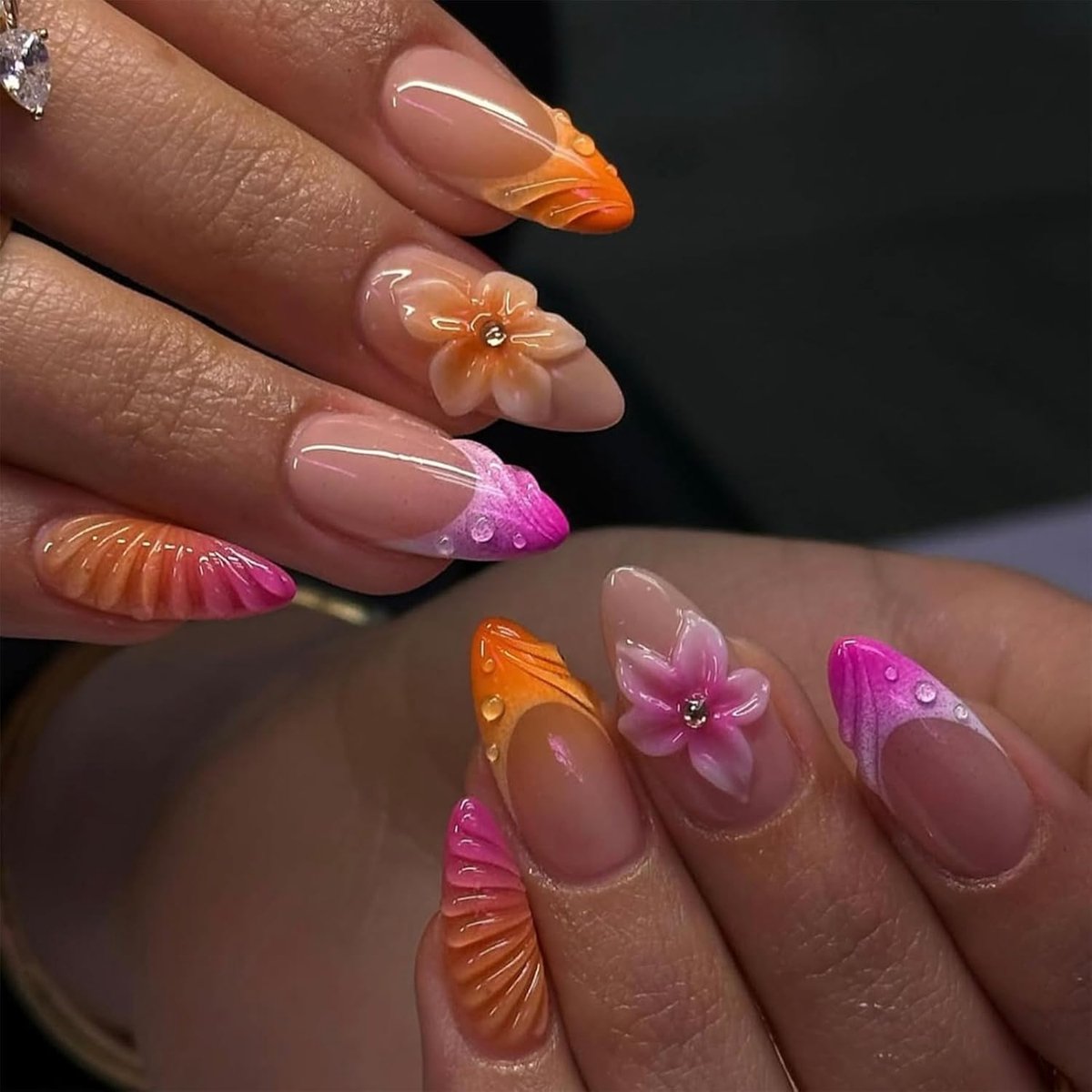 24 stuks amandel press-on nagels bonte French tips medium lengte 3D bloem ocean style kunstnagels exquis acryl nail art design herbruikbaar fullcover kunstmatige