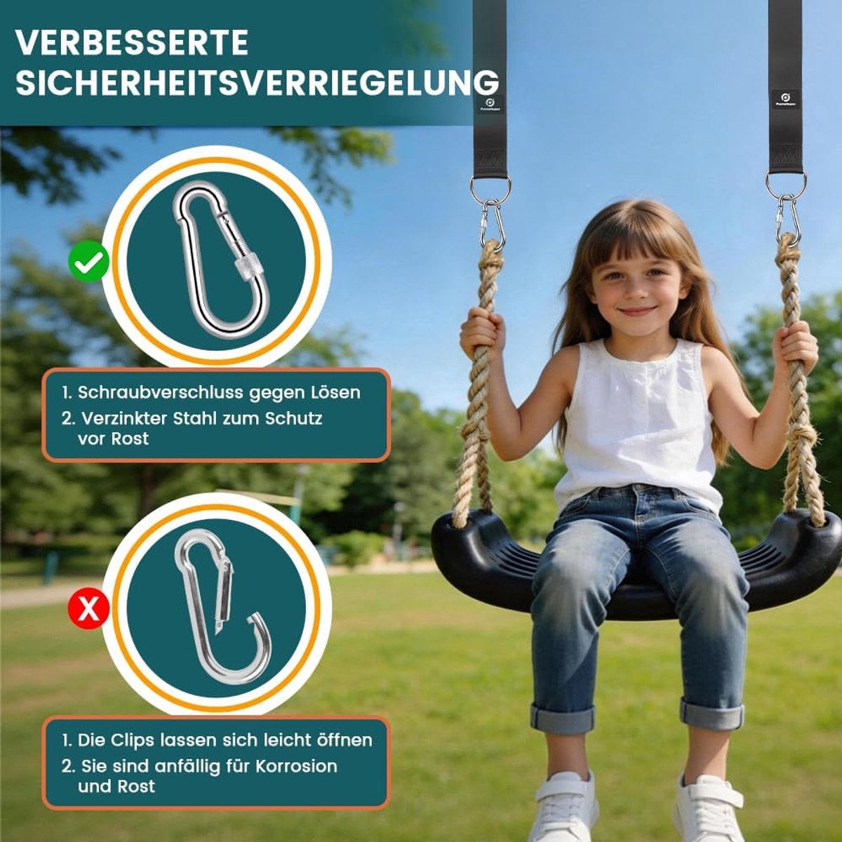 Swing ophangset 900 kg - D-ringen en karabijnhaken van roestvrij staal - Zwart 150 cm - ShopVlot