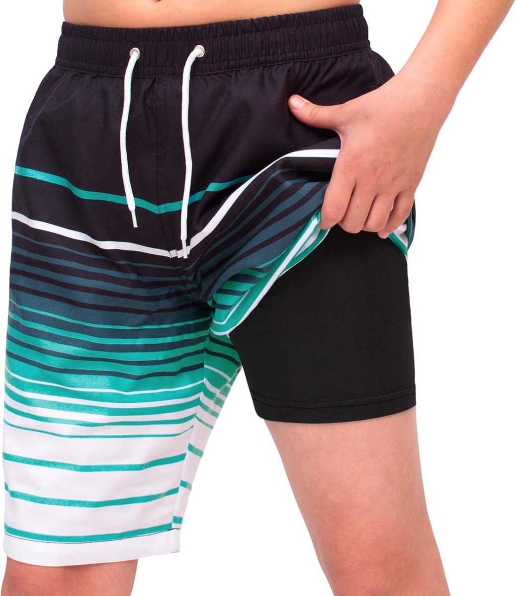 Zwembroek voor jongens, 2-in-1 zwemshorts voor kinderen, sneldrogend, boardshorts, badmode, zwembroek met compressie, binnenbroek, verstelbaar trekkoord