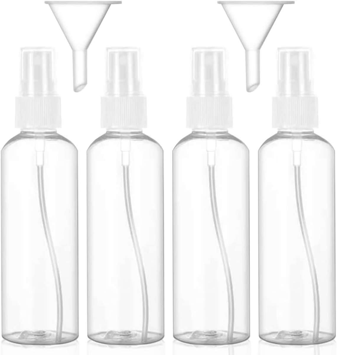 Spuitfles, transparante verstuiverflessen, 4 x 100 ml plastic fijne nevel, spuitfles, draagbare reisflessenset met 2 trechters, voor parfums, oliën en steviger