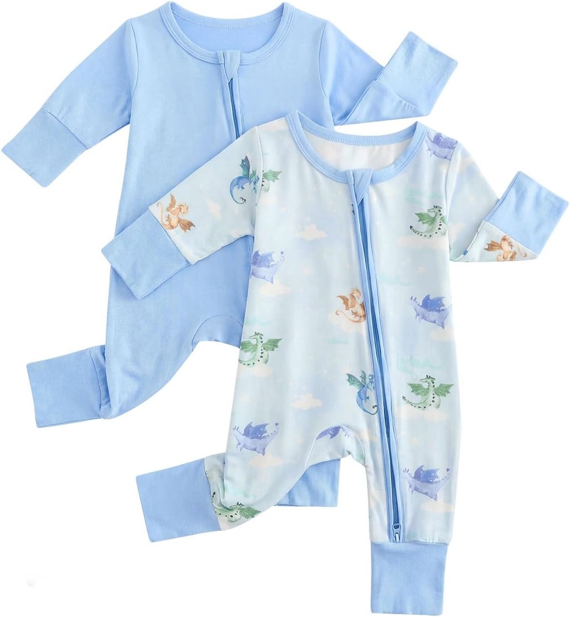 Babypyjama van bamboevezel, set van 2, uniseks romper, 0-24 maanden, met 2-weg ritssluiting, omklapbare wanten en voeten, ademend en licht
