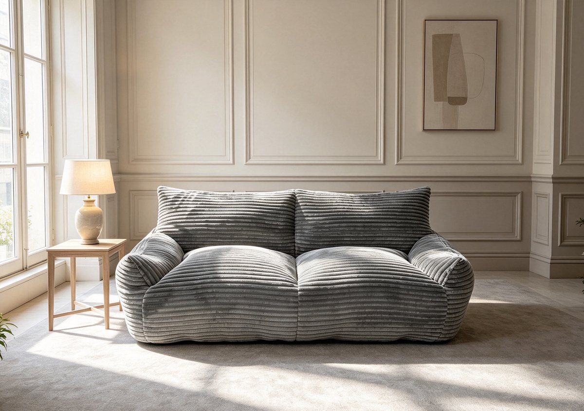 Grijze 2-Zits Slaapbank Corduroy – Compacte ligbank met zacht gewatteerd zitvlak ideaal voor kleine woonkamer & appartement (210x102x80 cm)