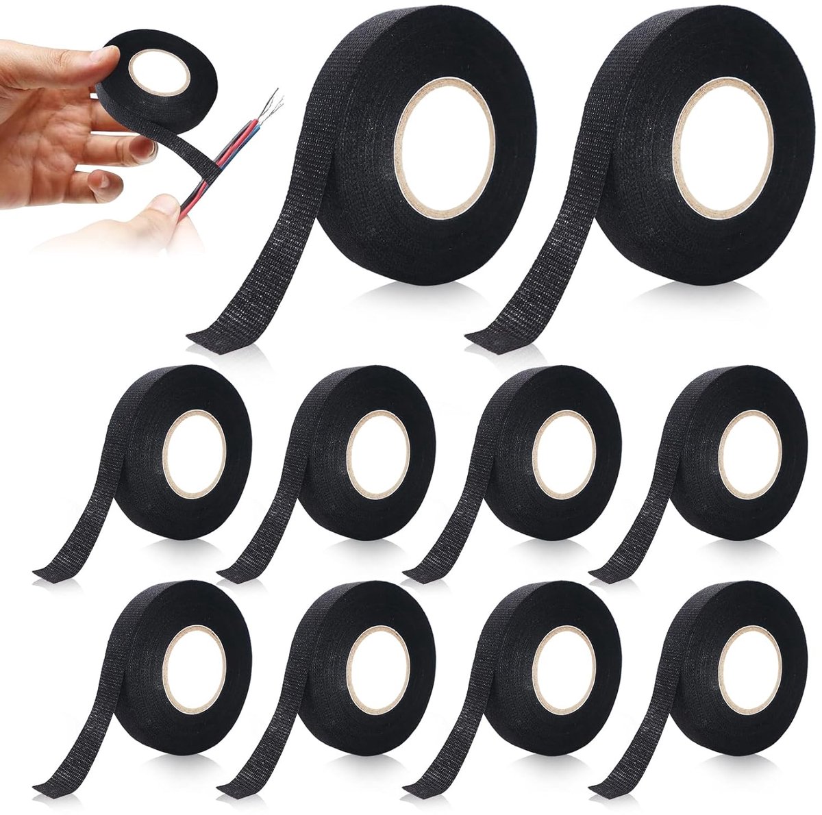 SnelShoppen - Pack van 10 Draadboom Isolatietape 19mm x 15m, Zelfklevende Zwarte Textieltape voor Kabelbundels, Duurzaam en Flexibel, Voor Auto, Huish