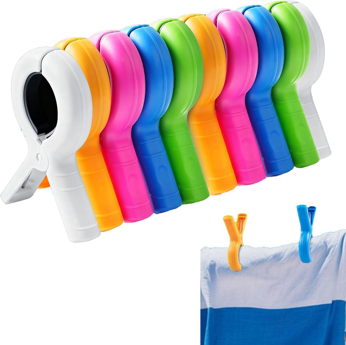SnelShoppen - Grote Klemmen Plastic 10 Stuks – Kleurrijke Antislip Clips 9,5x7 cm – Sterke Wasclips voor Strandlaken, Kleding, Balkon, Kamperen