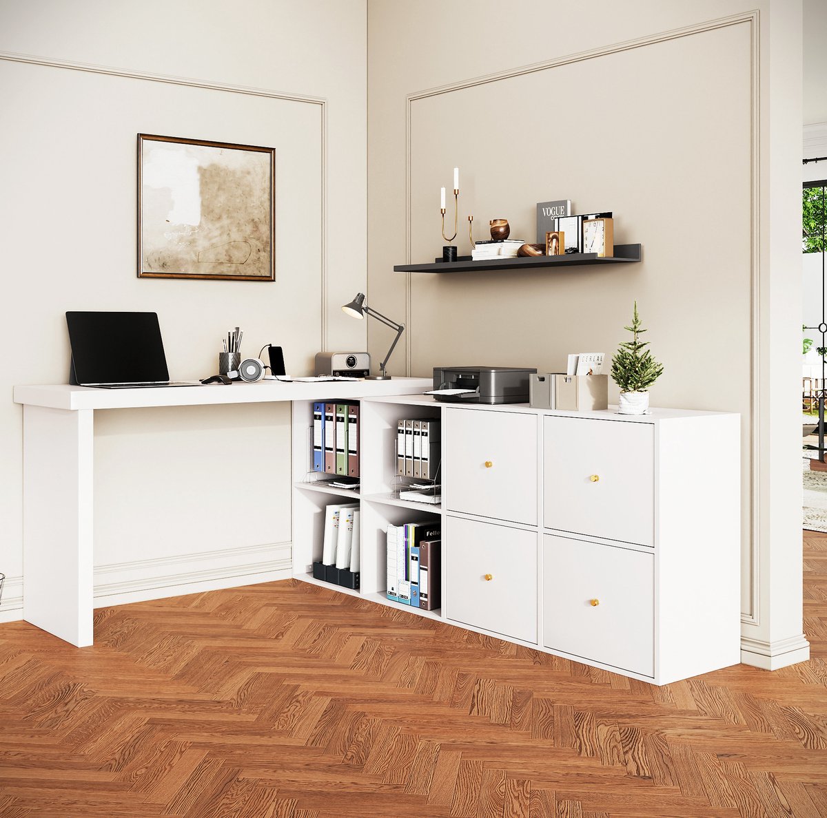REDOM - Bureau - 360° draaibaar tafelblad - L-vormig of recht op te stellen - 4 vakken en 4 lades - Modern - Bureau - MDF - Wit - 120 x 48 x 78 cm + 140 x 35 x 74 cm
