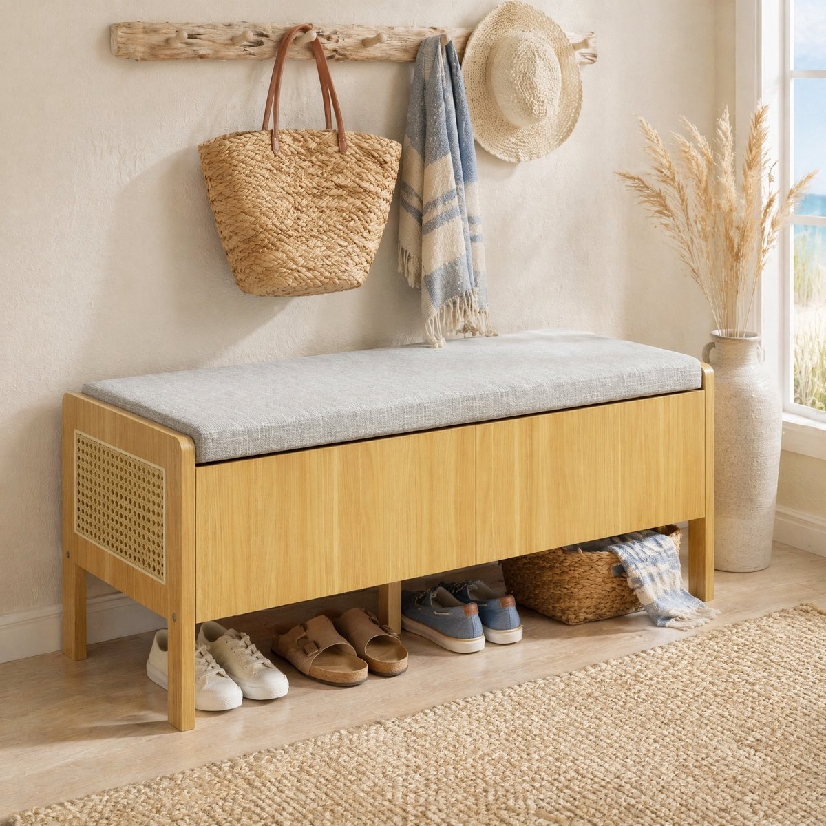 REDOM - Schoenenbank met 2 lades - Rattan zijpanelen - Opbergbank met zitvlak - Landelijke stijl - Hal - Bamboe en MDF - Naturel en Grijs - 113 x 40 x 45,5 cm