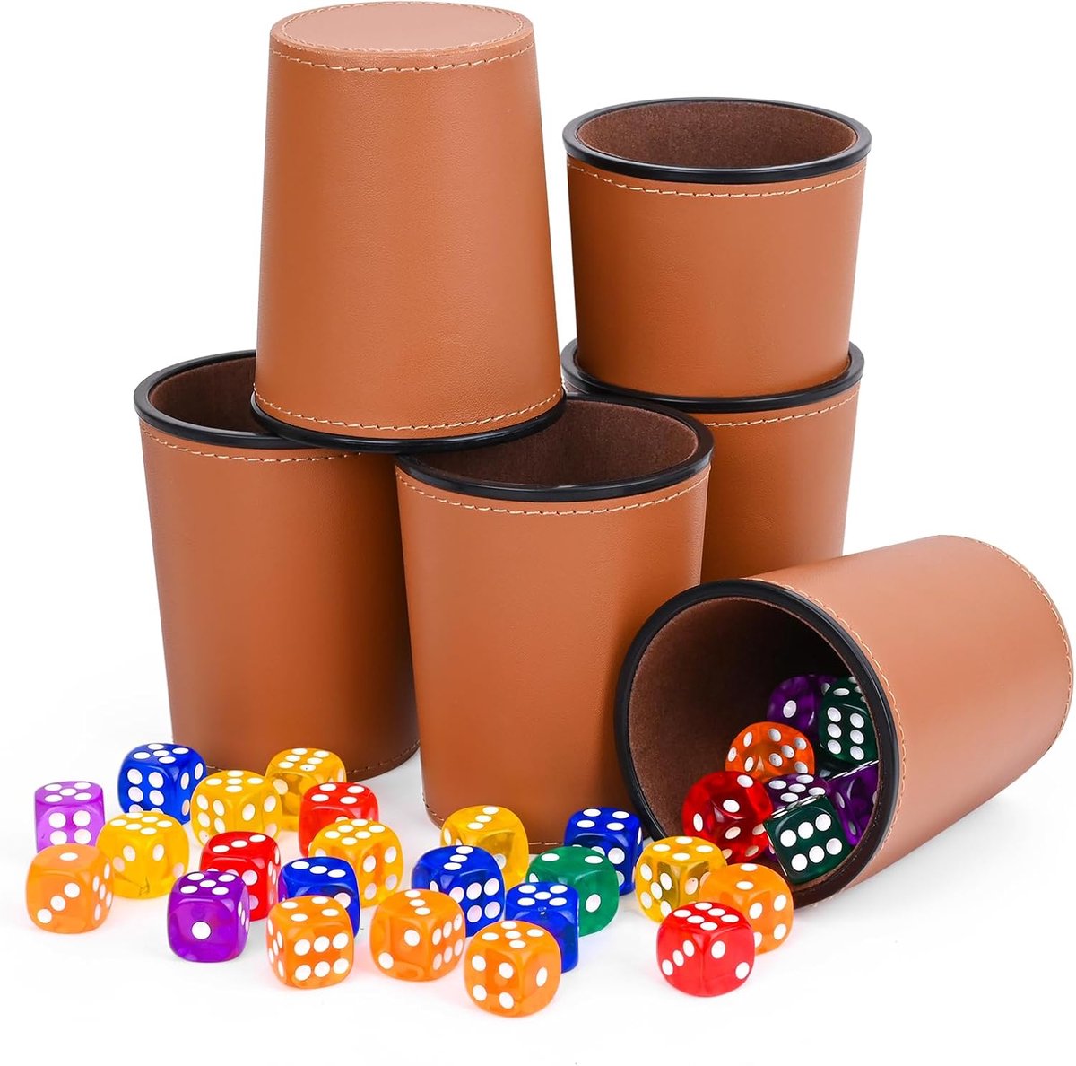 SnelShoppen - Set van 6 Leren Dobbelstenenbekers met Deksel en 6 Dobbelstenen | Hoogwaardige PU Leren Dobbelcup voor Feestspellen, Bordspellen, Campin