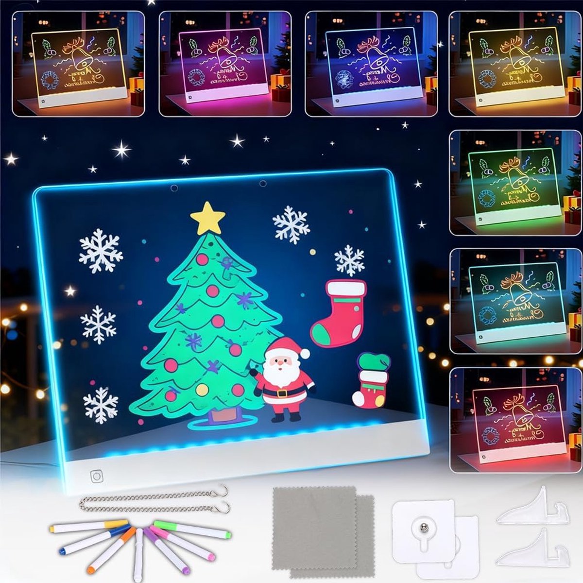 Acrylic Writing Board with LED Lights, 35 x 25 cm, Glow Drawing Board with 7 Pen Colours and 2 Holders, Bright LED - ShopVlot