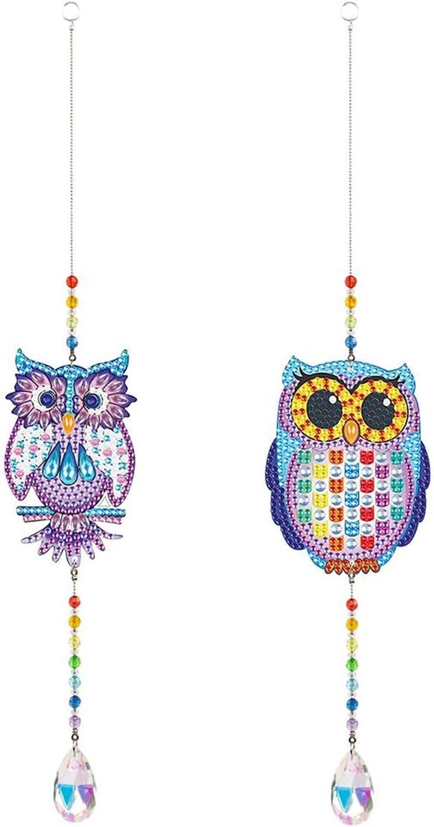 SnelShoppen - 2 stuks diamant schilderij windgong 5D Diamond Art Suncatchers met kristallen hanger, kleurrijke uil ornamenten voor ramen en tuindecora