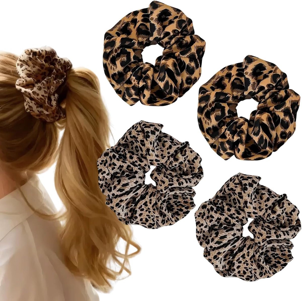 SnelShoppen - Pack van 4 Dames Oversized Luipaardpatroon Haarelastiekjes, Elastische Haarelastiek voor Dik en Dun Haar, Geschikt voor Donker en Licht