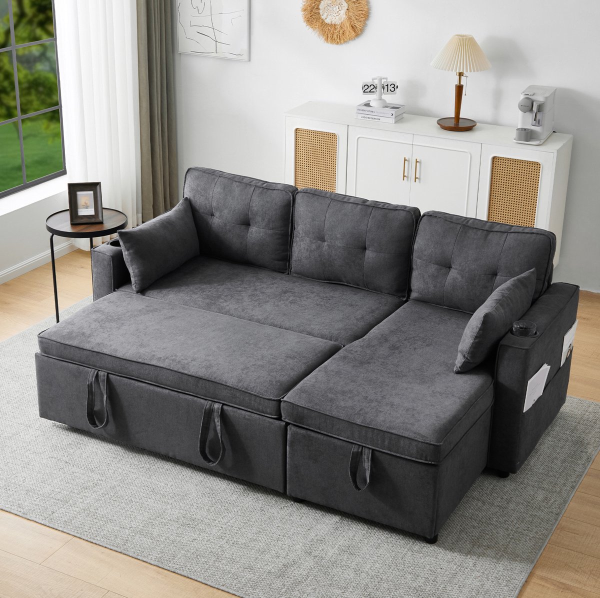 MODENUIT Slaapbank 211 x 130 cm - L-Vormig Met Opbergruimte En Bekerhouders - Woonkamer - Hout Grijs