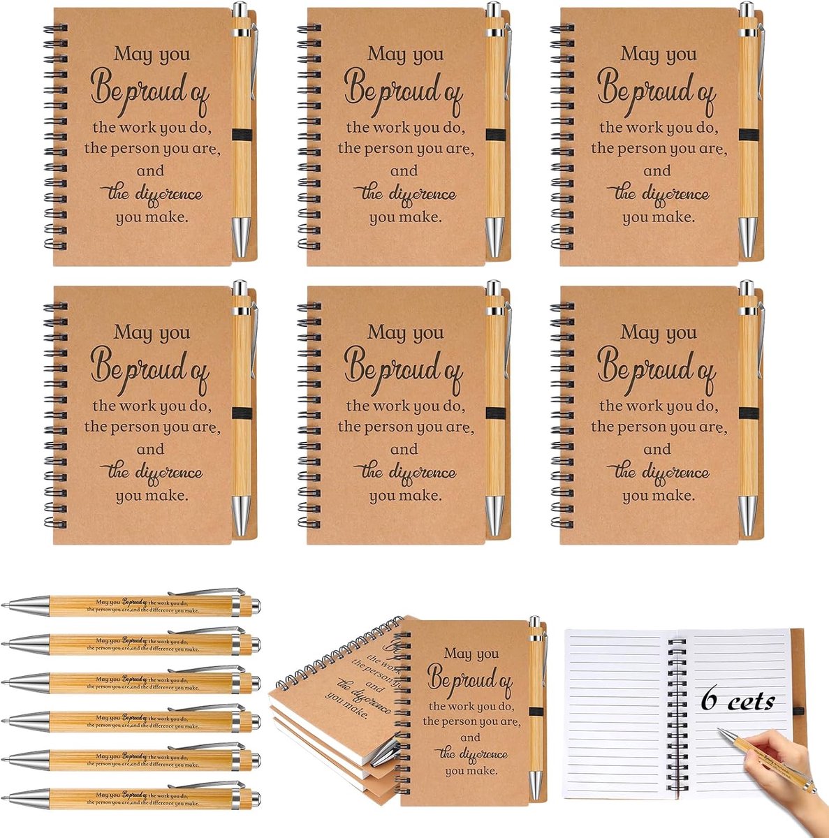 6-delige bedankt cadeauset,A6 Kraft spiraal notitieboekje met inspirerende citaten en houten balpen,Met inspirerende citaten en een houten balpen,Afscheidscadeaus geschikt voor kantoren en scholen