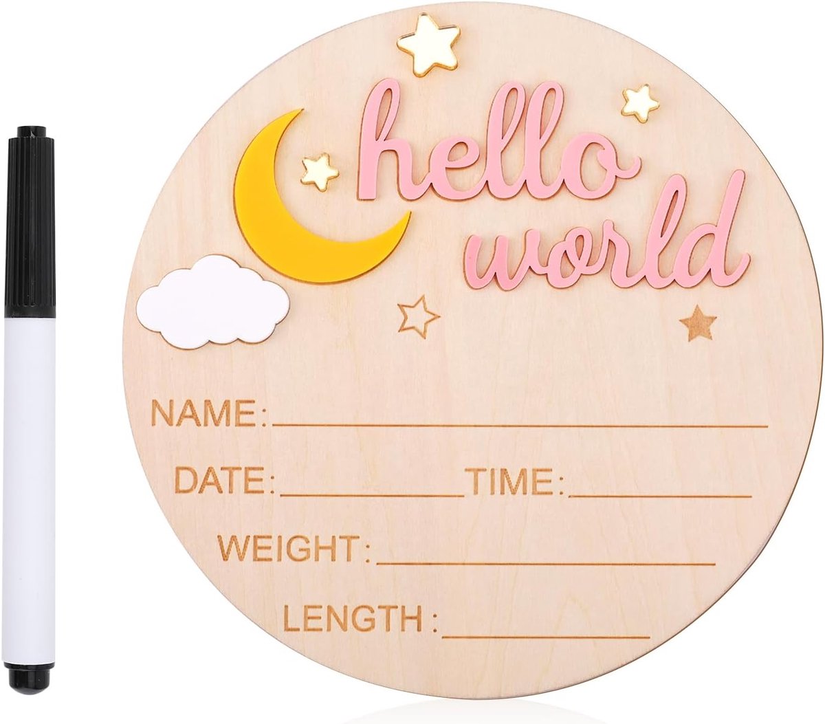 Hello World Newborn Bord, Schattig Geboorte Aankondigingsbord Welkomsbord voor Pasgeborenen Baby Naamplaatje voor Meisjes Jongens Babyshowerfoto Rekwisieten (Roze)