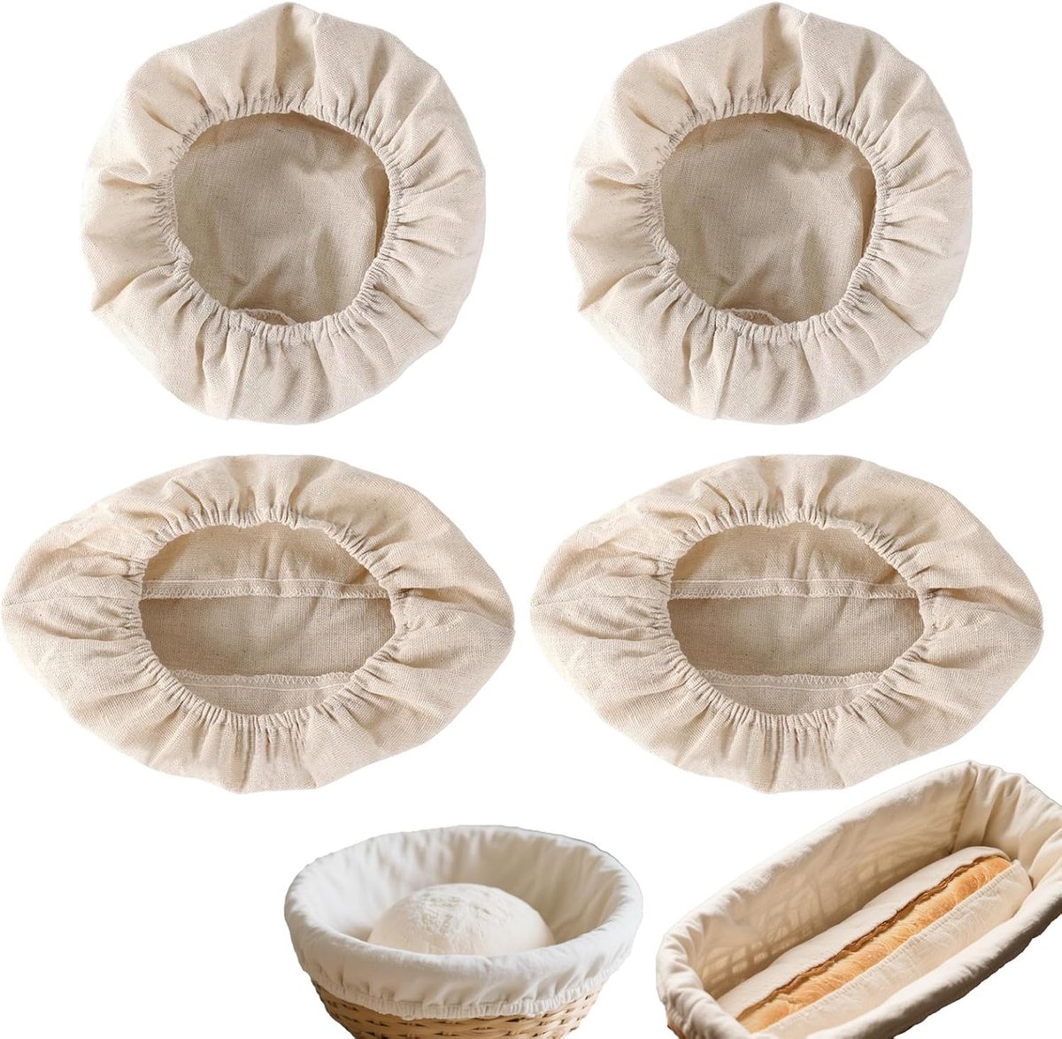 Bakker's linnen inserts 4 stuks - ronde en ovalen - ademend en duurzaam - perfect voor broodbakken - ShopVlot