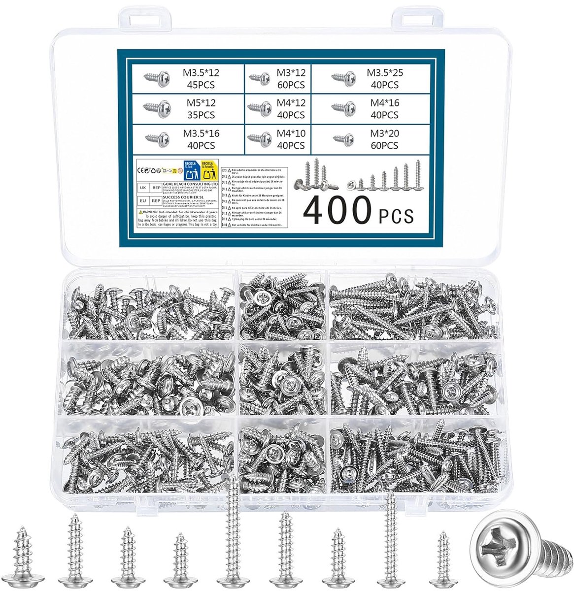 SnelShoppen - 400pcs Platte Hoofd Bladmetaalschroeven, M3/M3.5/M4/M5 Zelftappende Schroeven met Scherpe Hoofd Kruiskop Houtschroeven Assortiment met S