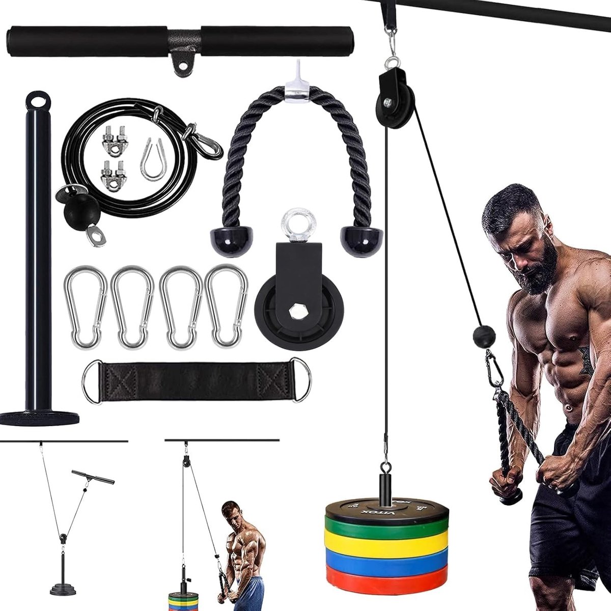 Fitness Sat Arm Trainingsapparaat voor Biceps en Rug, DIY Lat Puller Accessoires voor Krachttraining en Sportuitrusting met Verstelbare Wielen
