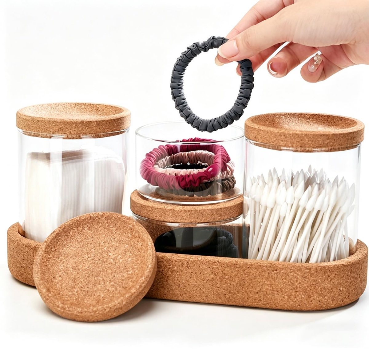 Omgoods - Set van 4 Glas Wattenstaafjeshouders met Kurk