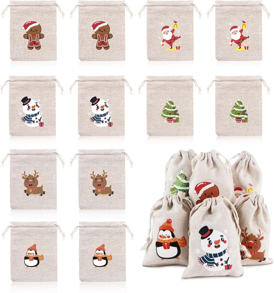 Jute kersttassen set van 12 - linnen met dubbele trekkoord - feestelijke motieven - perfect voor cadeautjes - ShopVlot