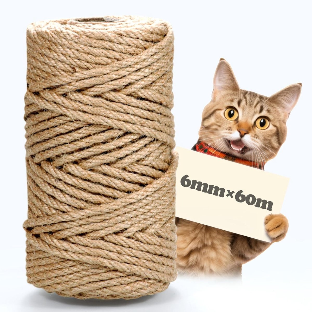 SnelShoppen - Sisal Touw voor Krabpaal, 6 mm x 60 m, Natuurlijke Sisal Touw, Jute Koord, Duurzaam en Weerbestendig, Ideaal voor Krabpaal Reparatie, Tu