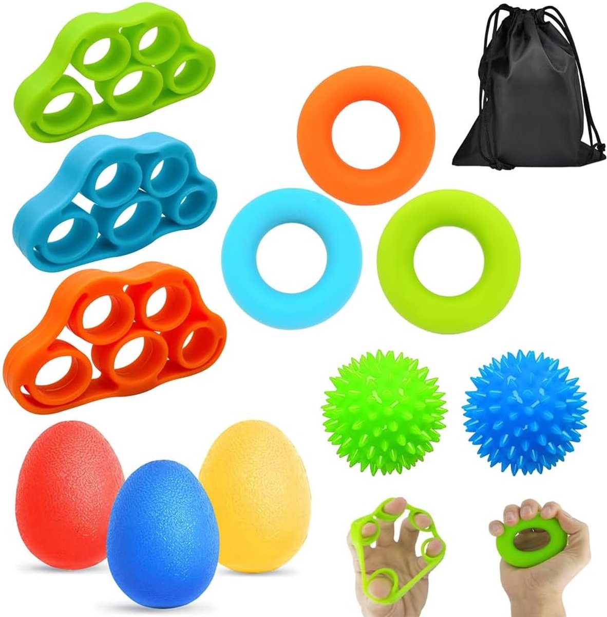 SnelShoppen - Vingertrainer Handtrainer Ballenset 11 Stuks - Zachte Handtrainer met 3 Sterktes - Voor Handtherapie, Artrose-training en Greepversterki