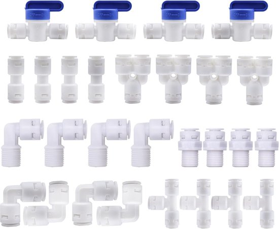 SnelShoppen - 28 Delen Koelkast Slang, Water Aansluitset, Verbinding voor 1/4 Inch Slang, RO Waterfilter Aansluiting met Y + T + I + L Type + Afsluitk