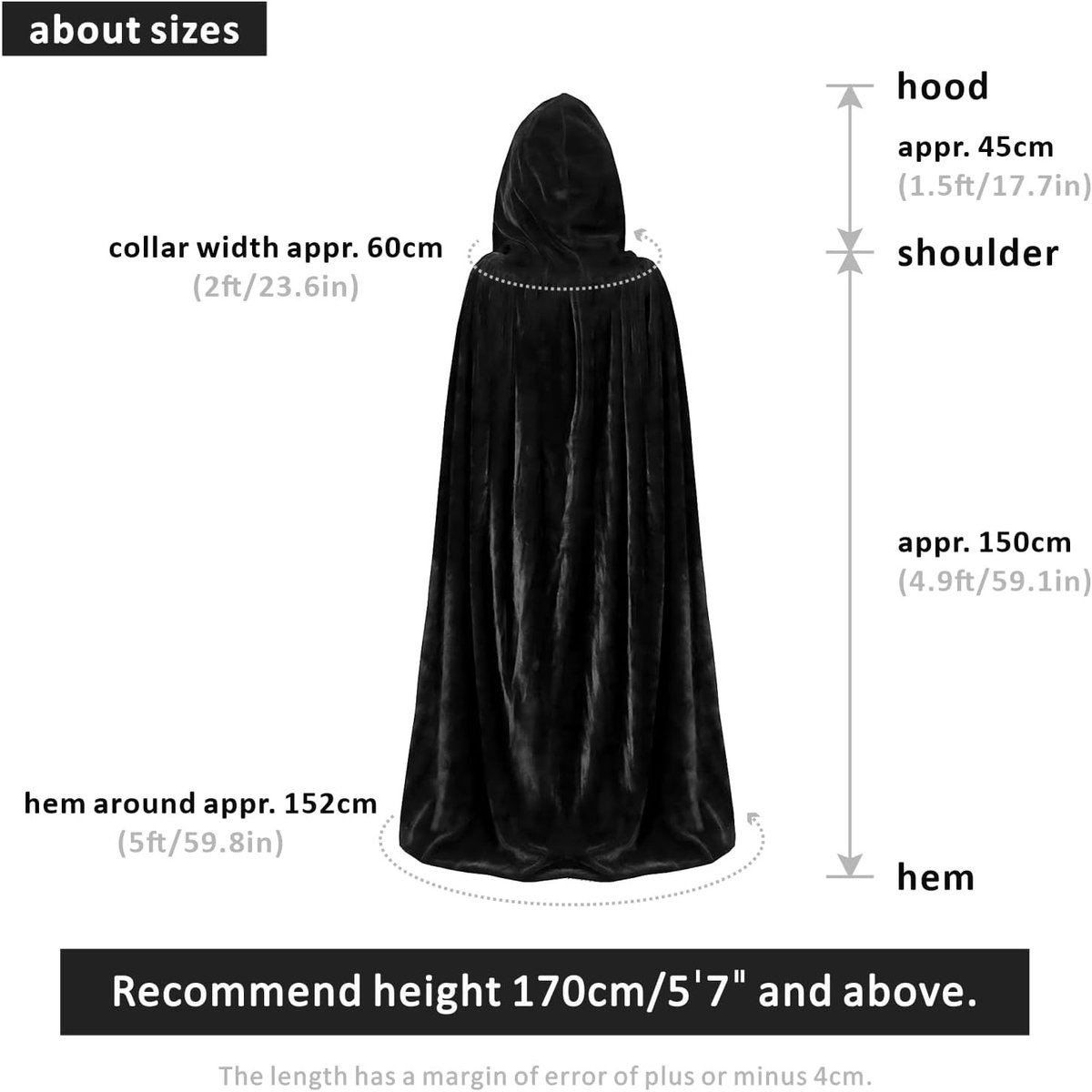 Halloween Kostuums voor Volwassenen met Lange Cape en Cloak voor Rollenspel en Feestjes (Zwart, 150cm)