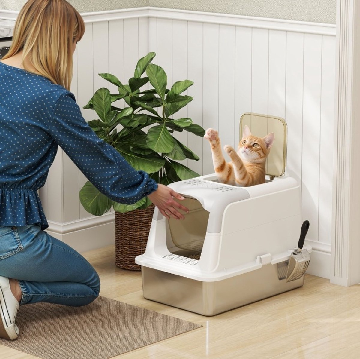 COVREO Gesloten kattenbak 60,4 x 40,4 x 41,8 cm wit, RVS met bovenuitgang