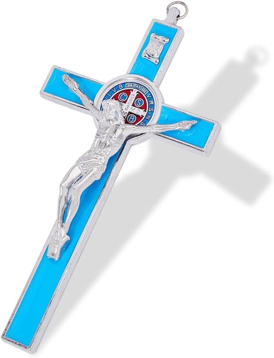 Emaille Kruisbeeld Muur Kruis Saint Benedictus Muur Kruisen 19.5x9.8cm Jezus Christus Crucifix Katholiek Christelijk Kruis Decor Pasen Geschenken voor Vrouwen Mannen, Hemelsblauw