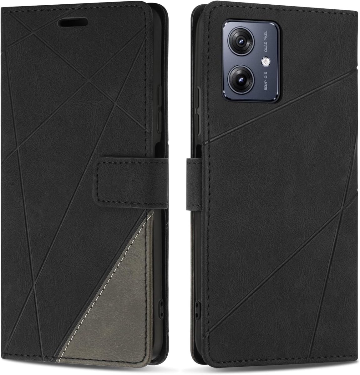 Hoesje voor Moto G54 5G, Premium Lederen Portemonnee Beschermhoes Telefoonhoesjes met Kaartenvakken Beschermhoesje voor Moto G54 5G, Zwart