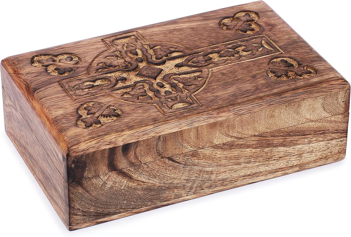 Schatkistje van hout, decoratief, handgesneden souvenirkistje met Keltisch kruis, multifunctioneel bewaarkistje voor sieraden, snuisterijen, horloges e.d., geweldig cadeau